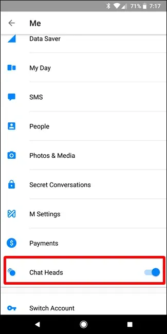 Androidでfacebookメッセンジャーチャットヘッドアイコンを無効にする方法